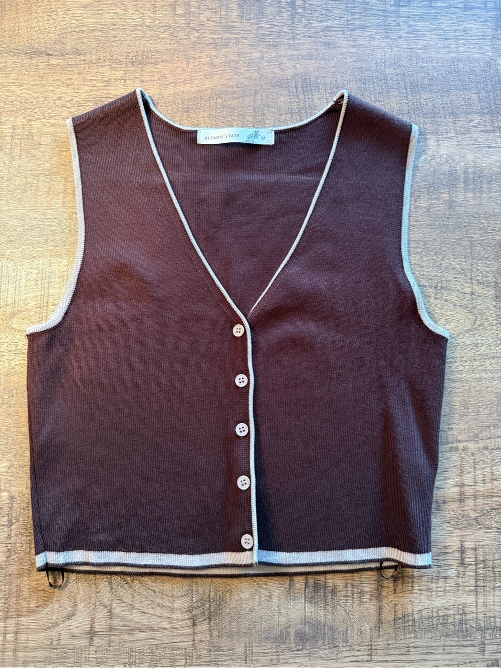 Altar'd State Brown Cropped V-Neck Button Tank with Cream Trim